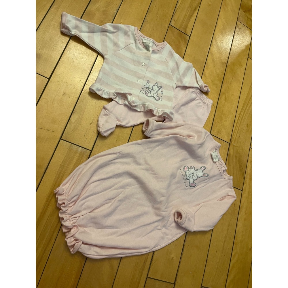 VTG Carters Baby Girl 3PC Set Sleep Gown Cardigan Footed Pants Pink Bunny 0-3M - Picture 7 of 9